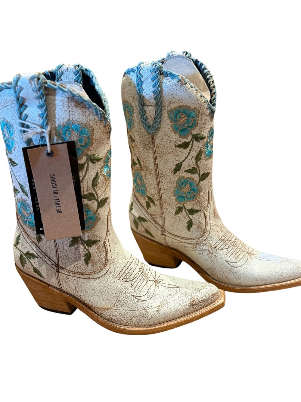LIBERTY Black White Cowboy Boots with Turquoise Floral Embroidery Womens 9.5